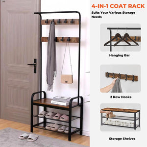 4-in-1 Coat Rack and Shoe Storage Bench Rustic Coat Stand with 9 Removable Hooks