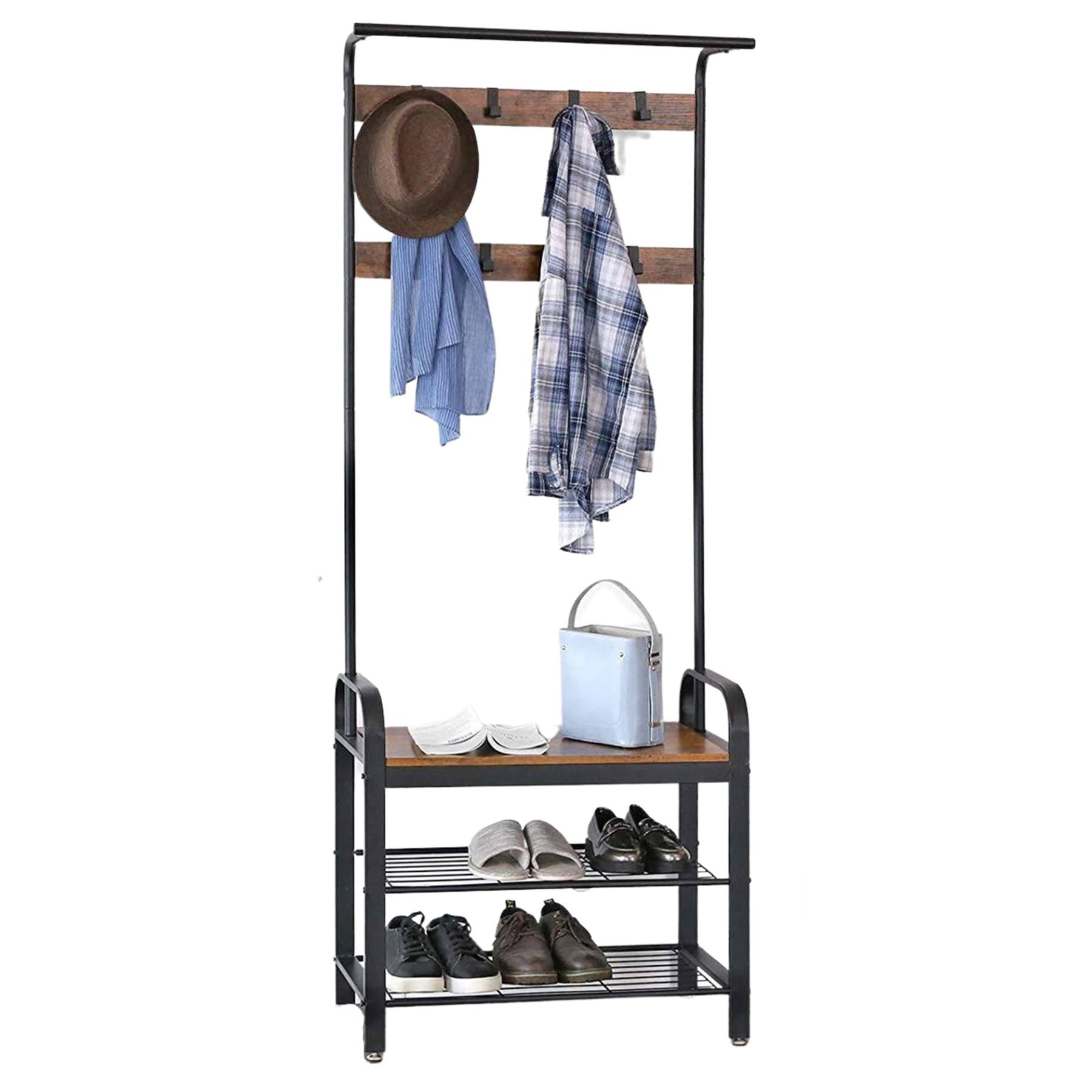 4-in-1 Coat Rack and Shoe Storage Bench Rustic Coat Stand with 9 Removable Hooks