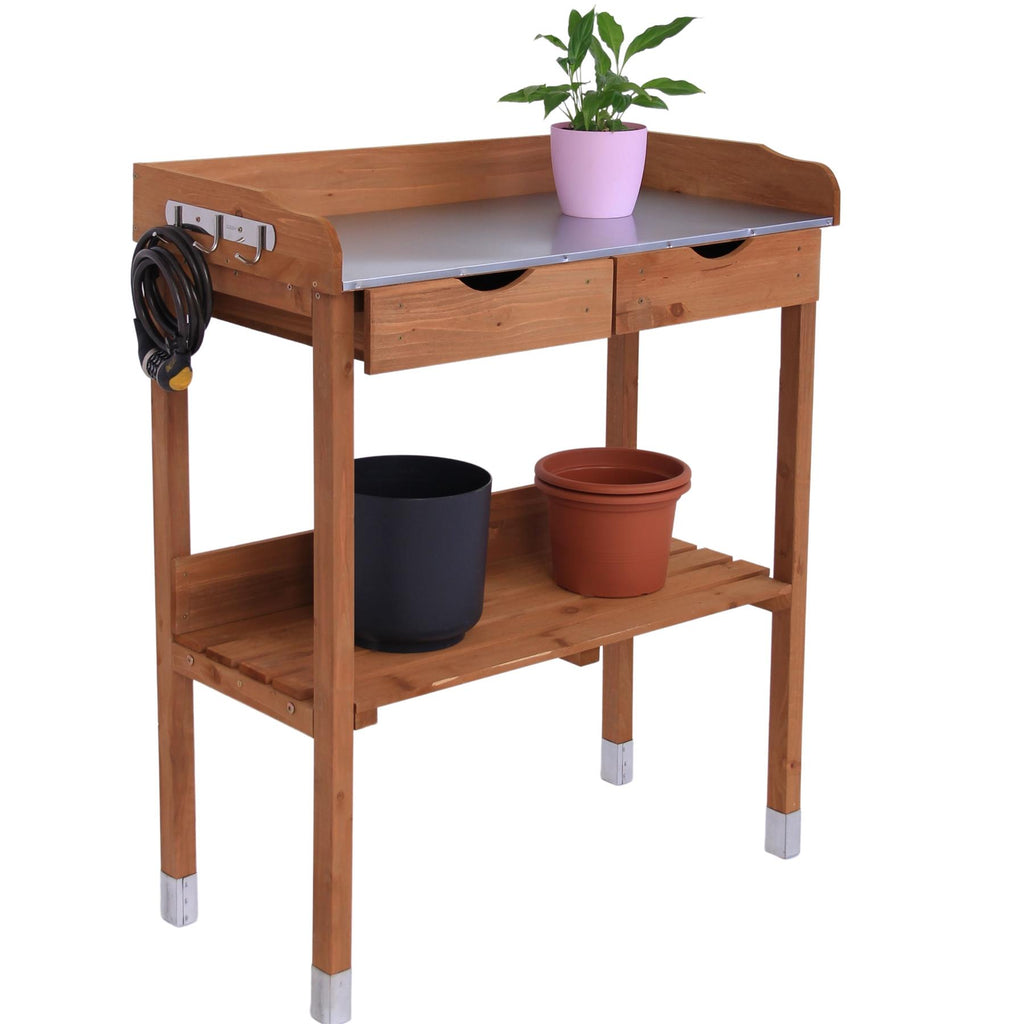 Wooden Potting Bench Outdoor with Metal Workspace | Rustic Garden Plotting Table