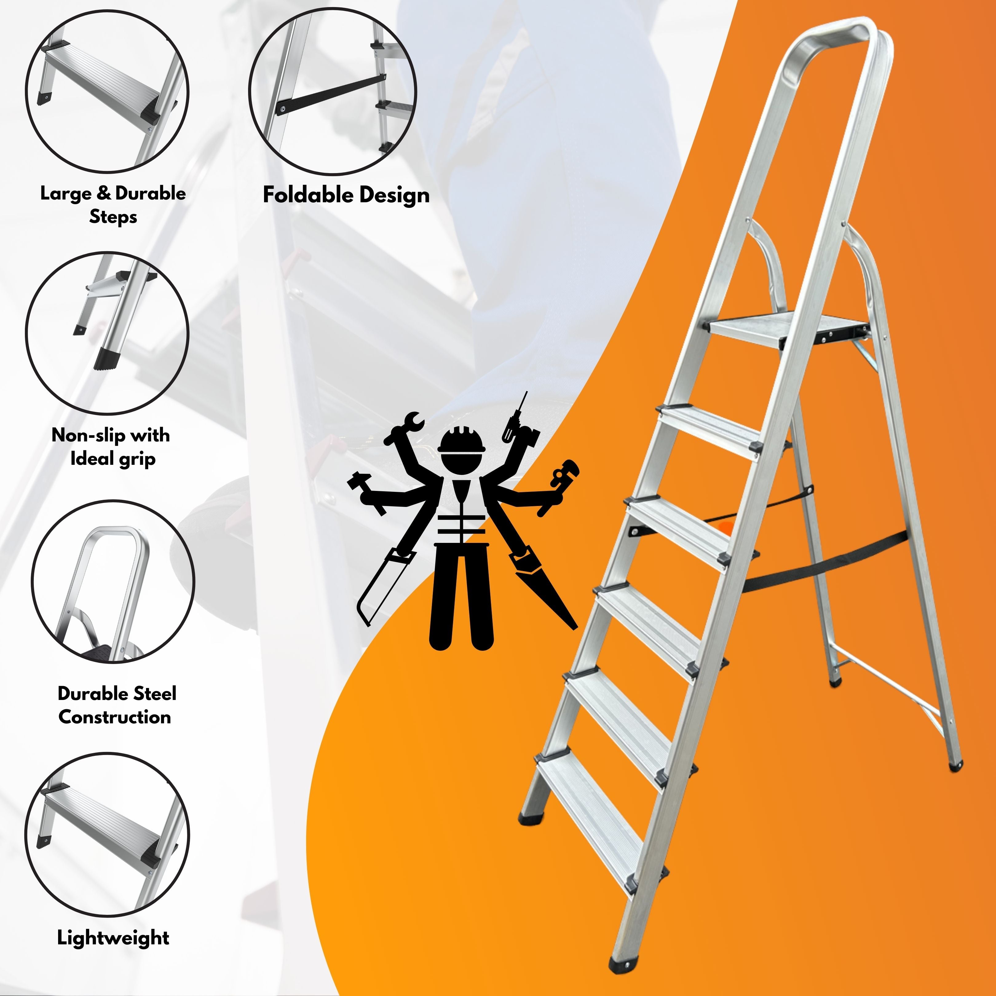 Durable Steel Step Ladder Portable Folding Ladder With Deep Tread