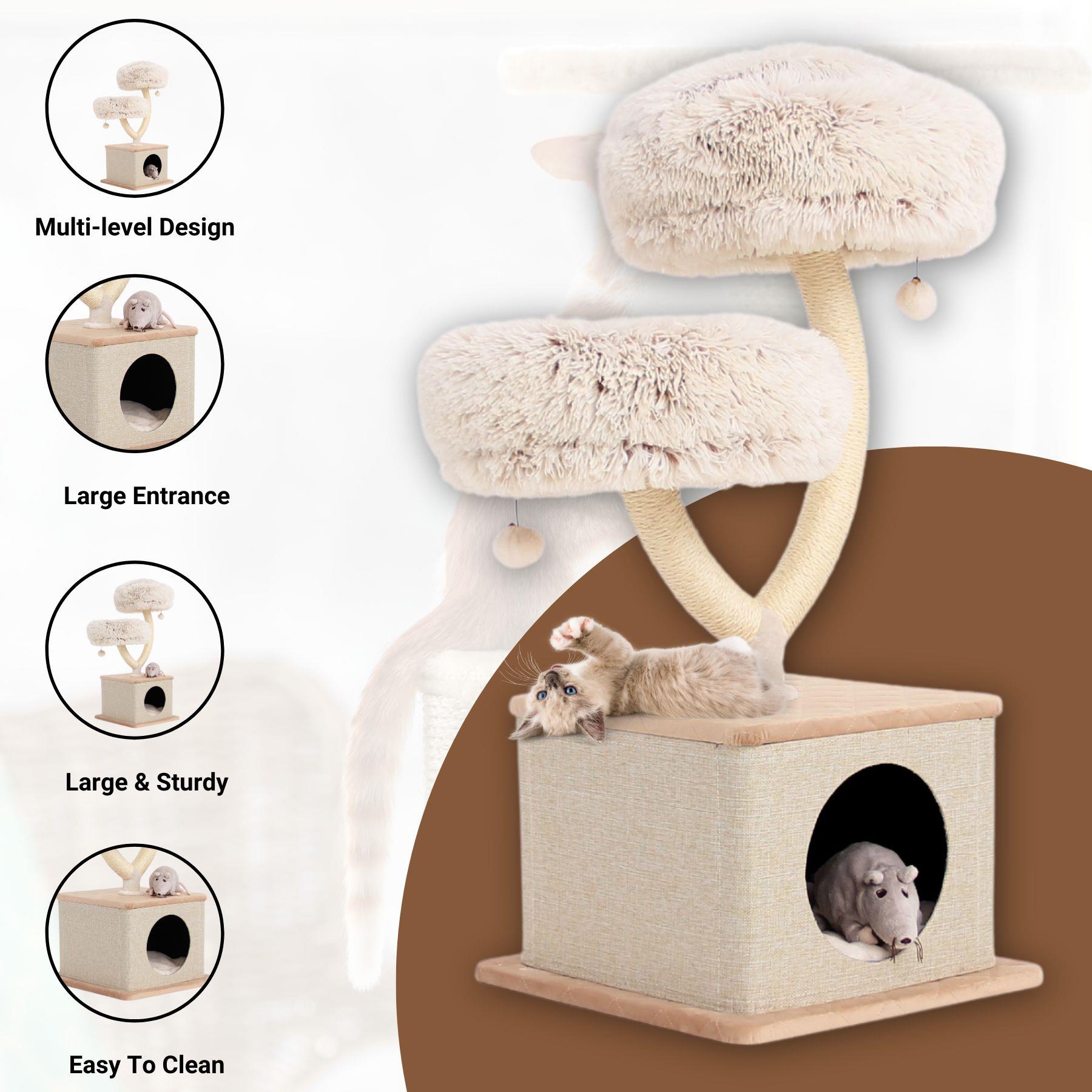 Cat Tree for Indoor Cats with House Multi-Level Tower H 96cm|37.8In Cream Beige
