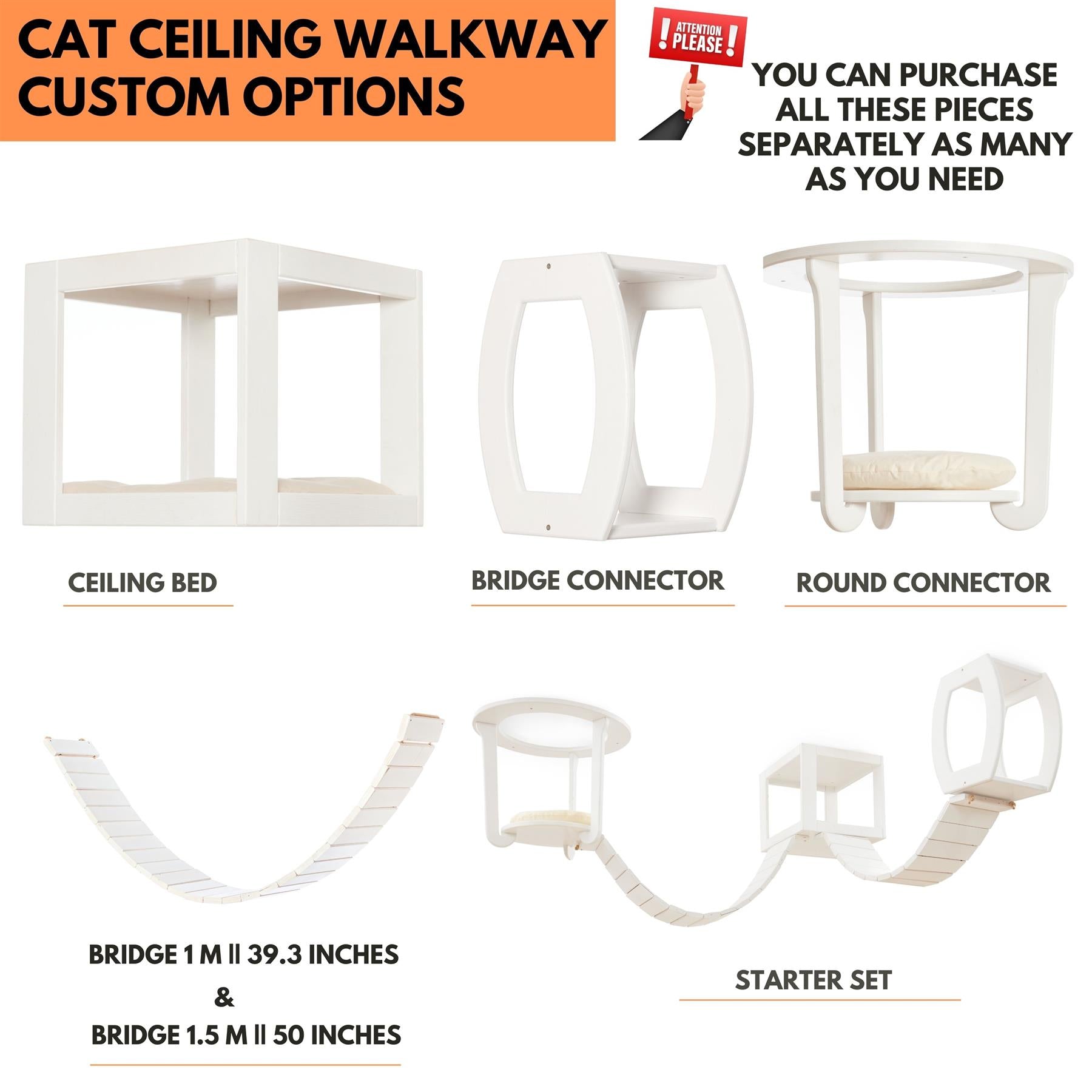 Universal Wood Ceiling Cat Furniture with Connector Cat Tower Shelves & Bridge, Hanging Cat Climbing Frame with Sleeper for Cats, Indoor Modular Cat Tree Tower Ceiling Mounted