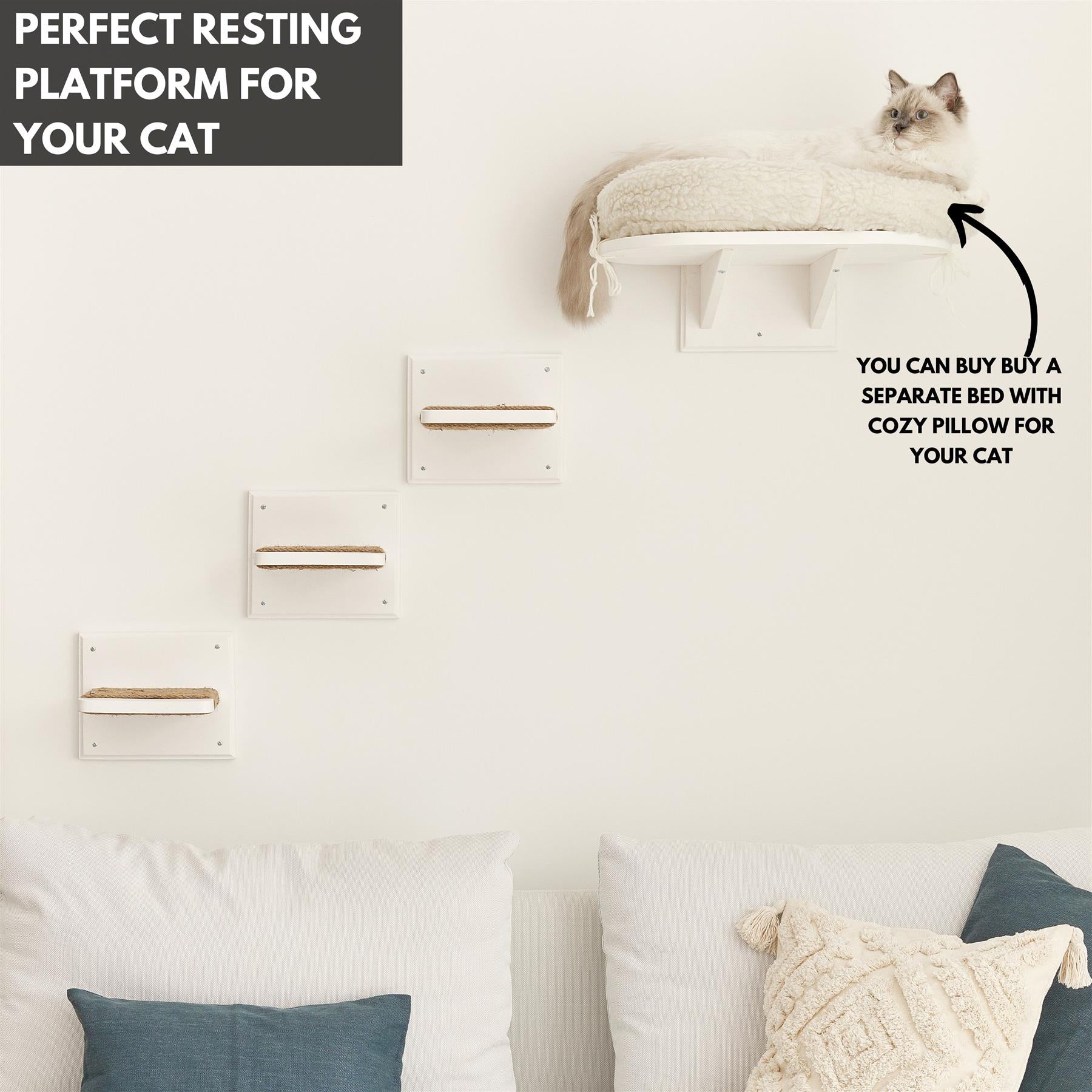 Wall Mounted Cat Steps Square Post Steps with Sisal Rope, Solid Wood Cat Wall Furniture