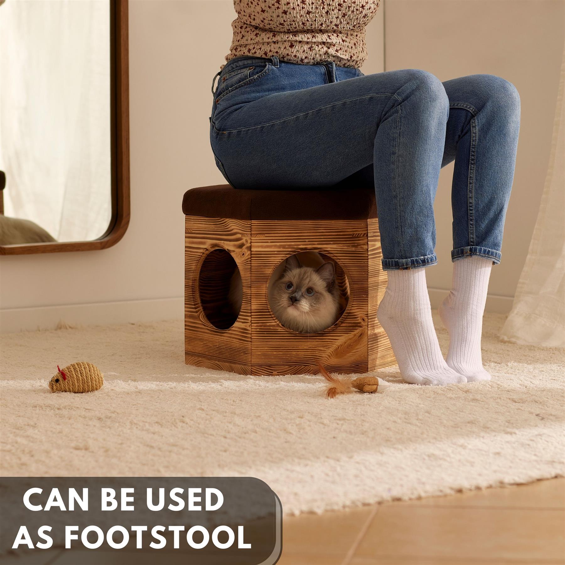 Hexagon Wooden Cat House Ottoman Footstool With Removable Lid 2 in 1 Cat Cave