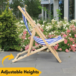 Traditional Folding Wood Deck Chairs,  Seaside Lounger Outdoor Adjustable Recliner Deckchairs With Canvas Fabric