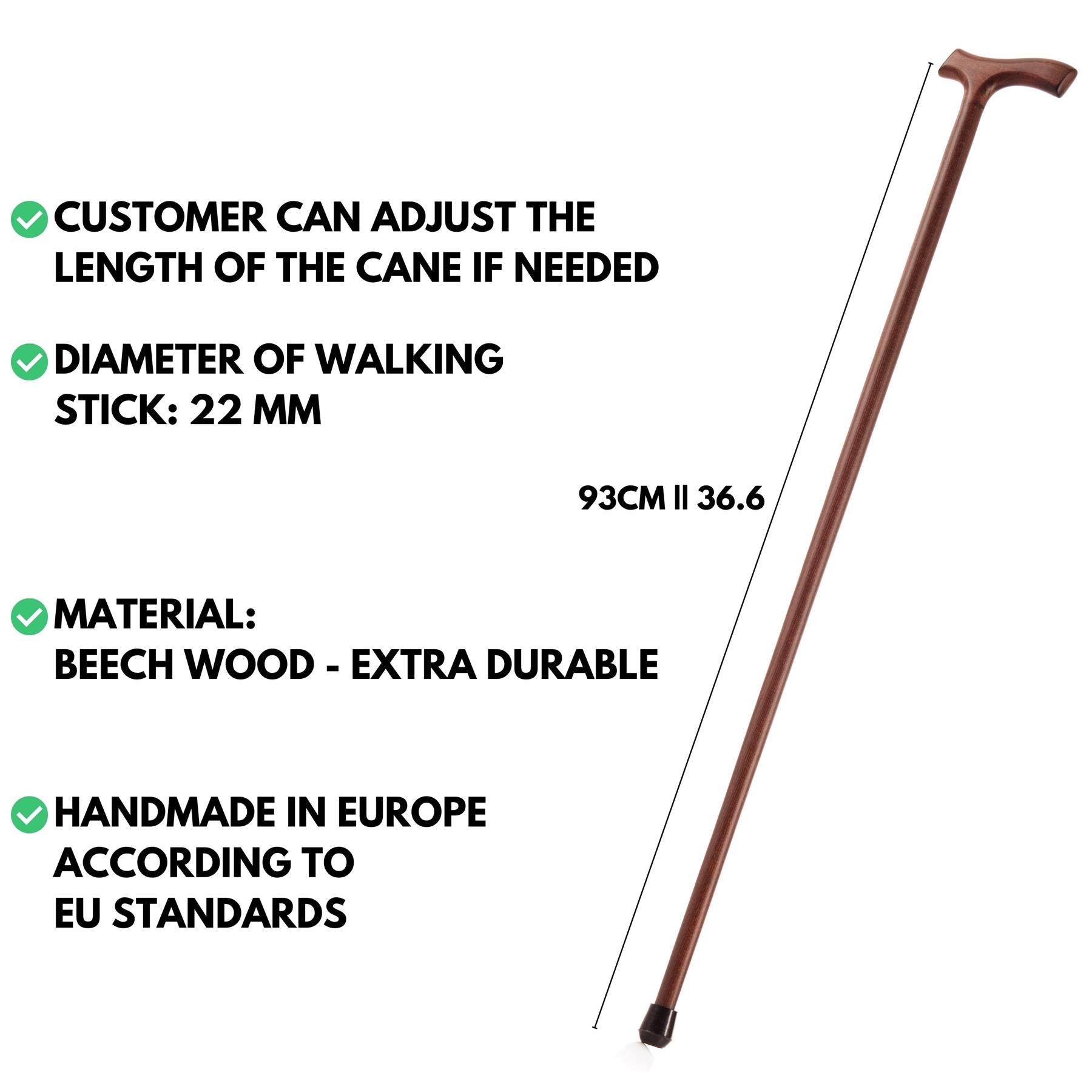 Solid Wooden Walking Sticks For Men With Ferrule, Handmade (93cm) 36.6" Height, Disability Aids Walking Sticks