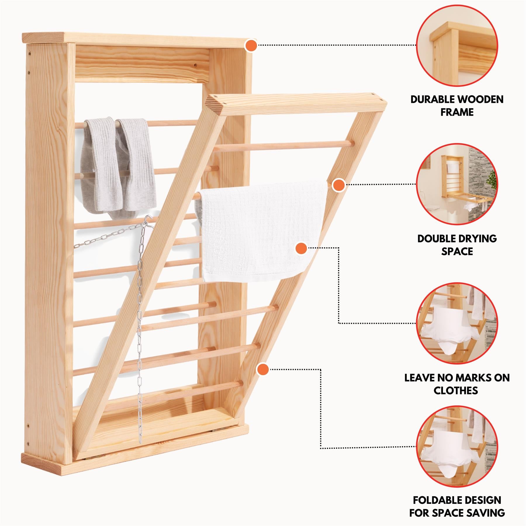 Natural Wood Wall Drying Rack With Double Side Rails Wall Mounted Clothes Airer Foldable