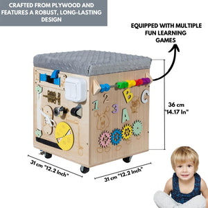 Busy Board for Toddlers with Toy Storage Box and Chalkboard - Puff Seat with Wheels Wooden Activity Cube 6 Months Plus | Grey