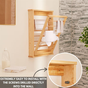 Natural Wood Wall Drying Rack With Double Side Rails Wall Mounted Clothes Airer Foldable
