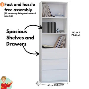 Modern Bookcase with Drawers White Tall Book Shelf Unit for Home & Office