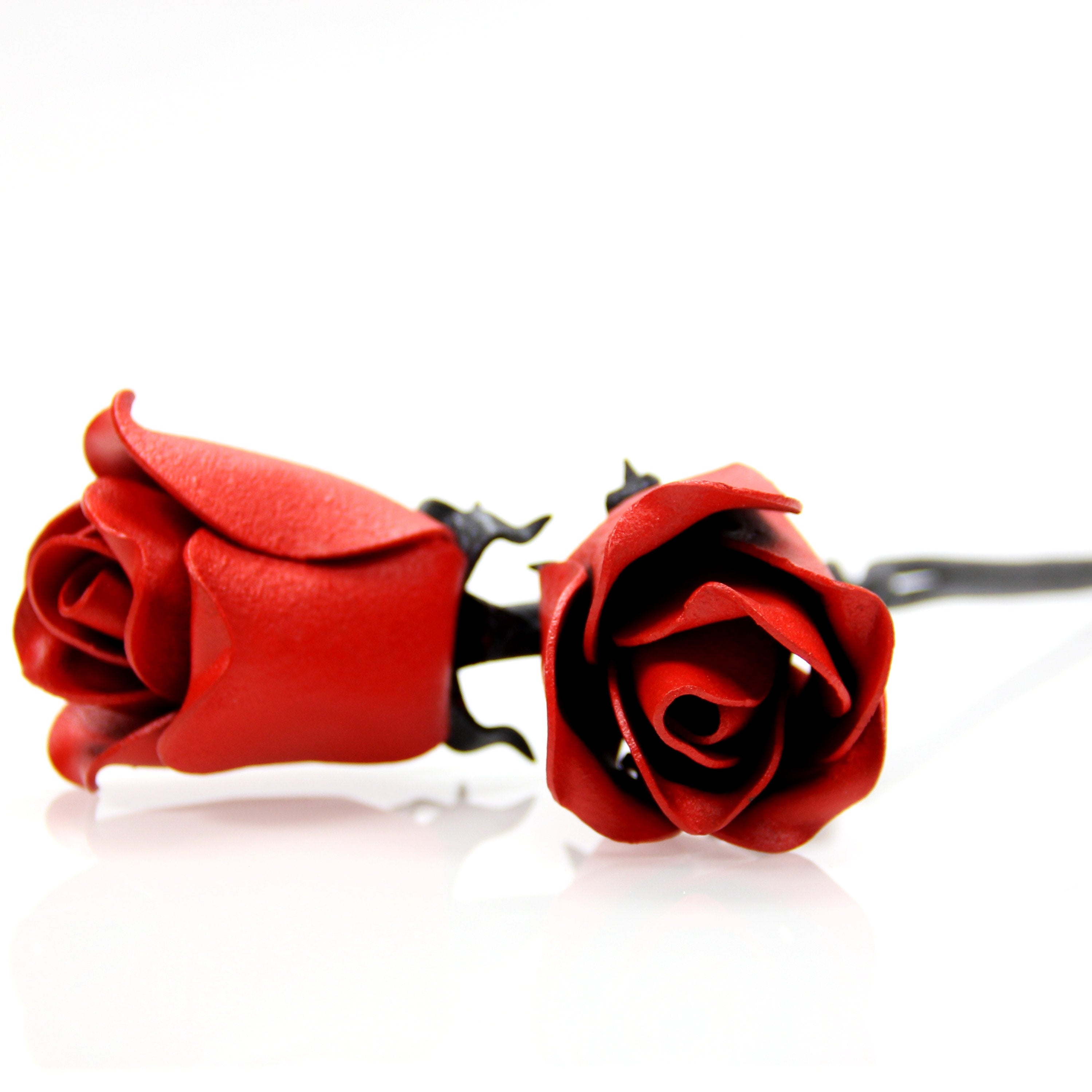 Bouquet of 2 Black Iron Roses With Red Petals Twisted Together Forever