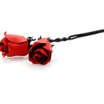 Bouquet of 2 Black Iron Roses With Red Petals Twisted Together Forever