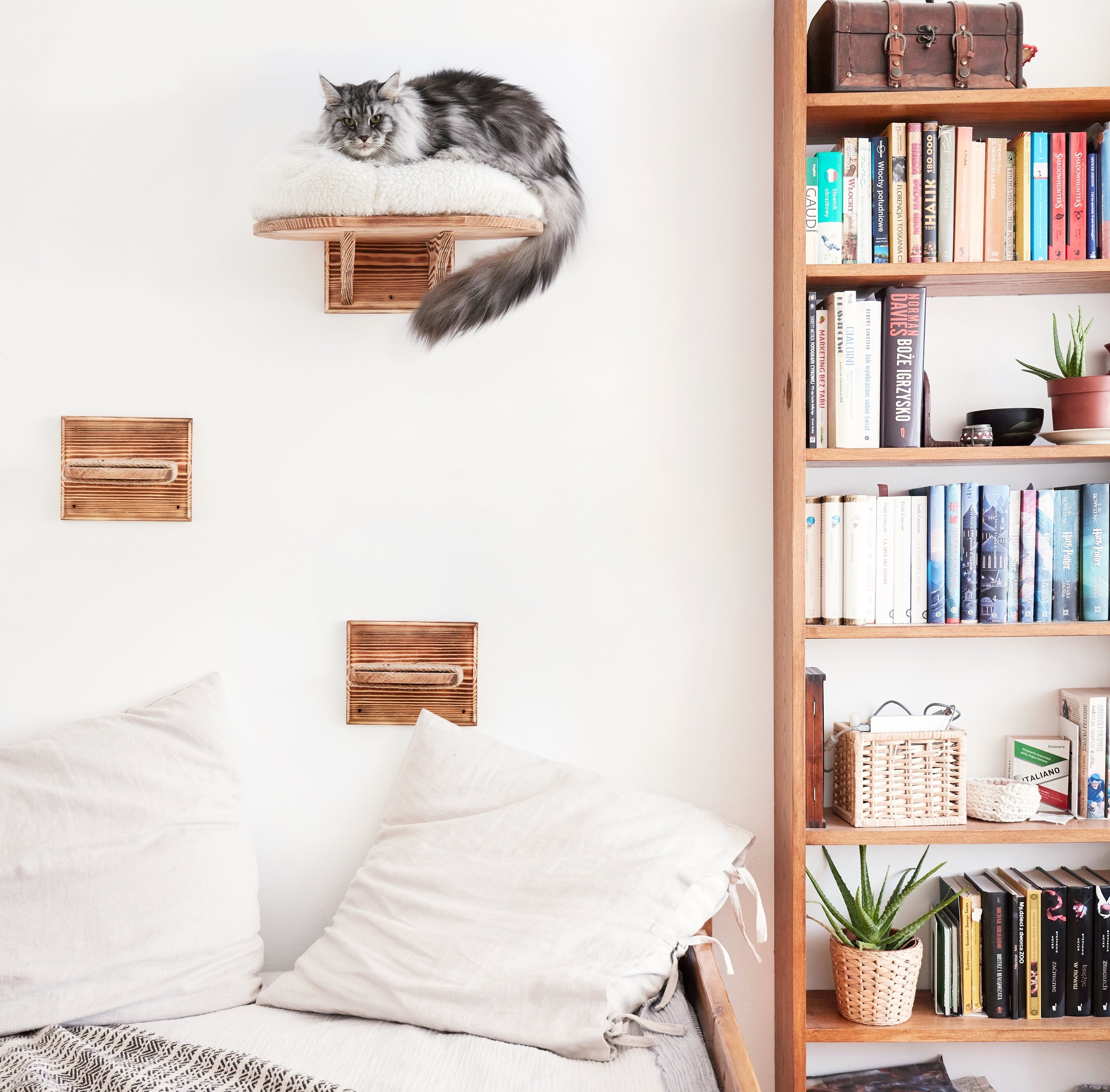 Large Wall Mounted Cat Perch Bed Platform With 3 Steps - Solid Wood Cat Sleeper Shelf With Extra Soft Cushion - Wooden Cat Furniture
