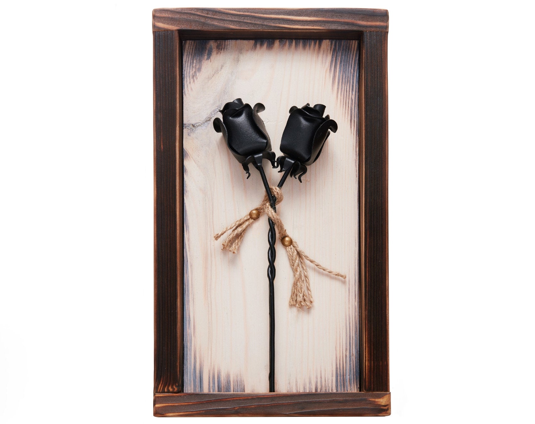 Forged Twisted 2 Iron Roses In Wooden Frame. Beautiful And Stylish 3D Effect Gift For Her Anniversary With Deep Message