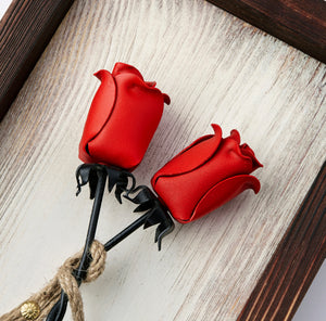 Forged Twisted 2 Red Iron Roses In Wooden Frame. Beautiful And Stylish 3D Effect Gift For Her Anniversary With Deep Message