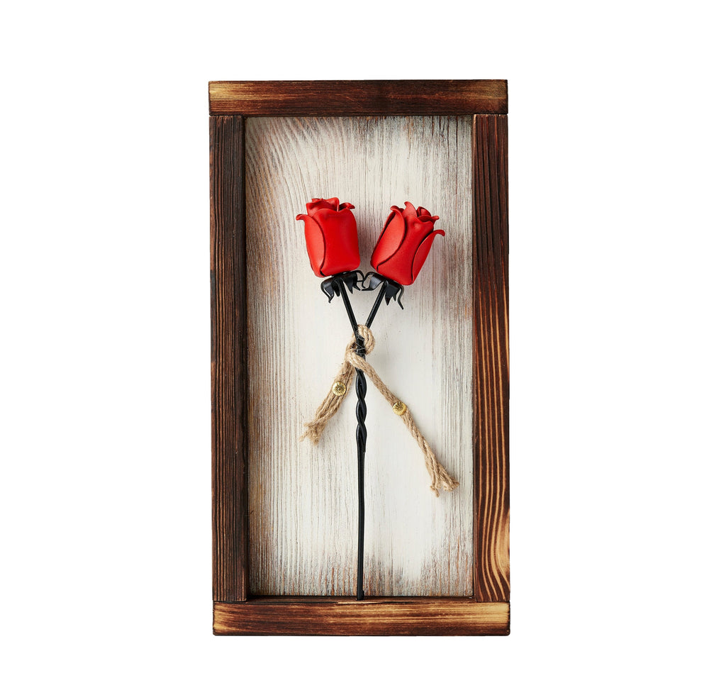 Forged Twisted 2 Red Iron Roses In Wooden Frame. Beautiful And Stylish 3D Effect Gift For Her Anniversary With Deep Message