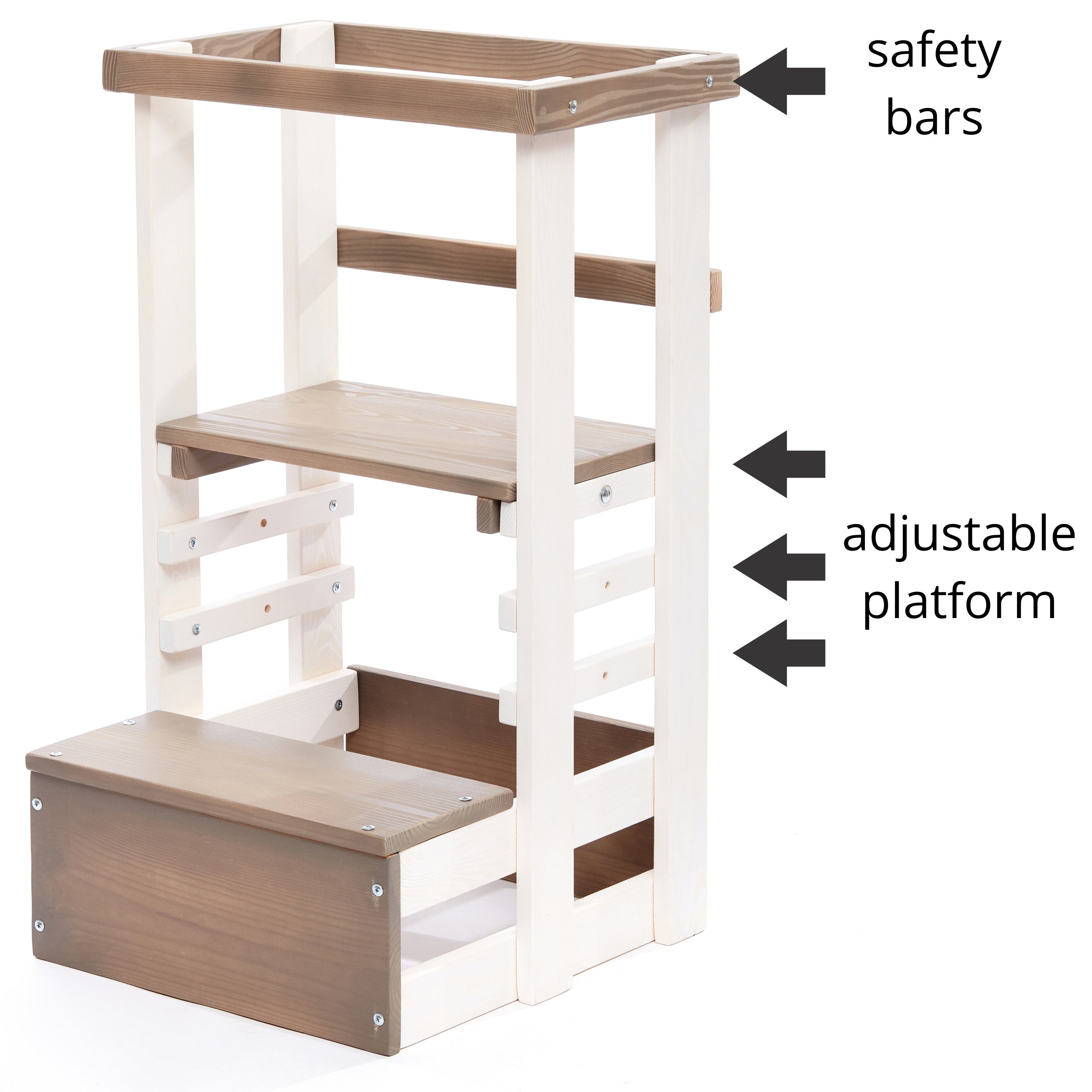 Montessori Learning Tower Toddler Kitchen Step Stool With Adjustable Height And Safety Rail