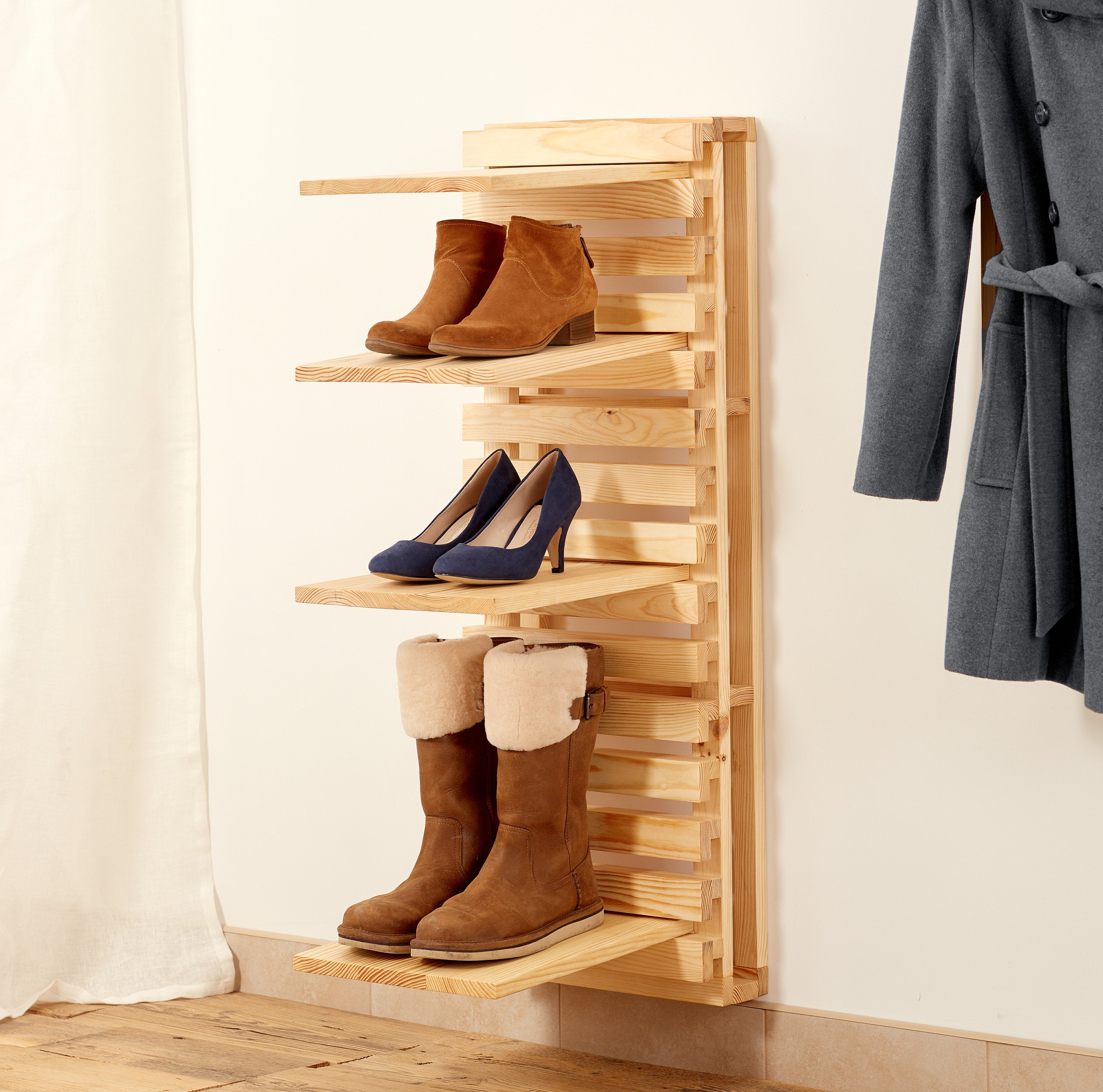 Wall Mounted Wooden Shoe Organizer Modern And Functional Shoe Shelf - Entryway Space Saving Footwear Organiser With 6 Adjustable Shelves