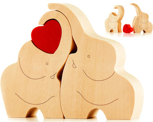 Wooden Elephant Figurines With Red Hearth - Smart Puzzle Toy Decor - Great Sculpture With Message Of Love