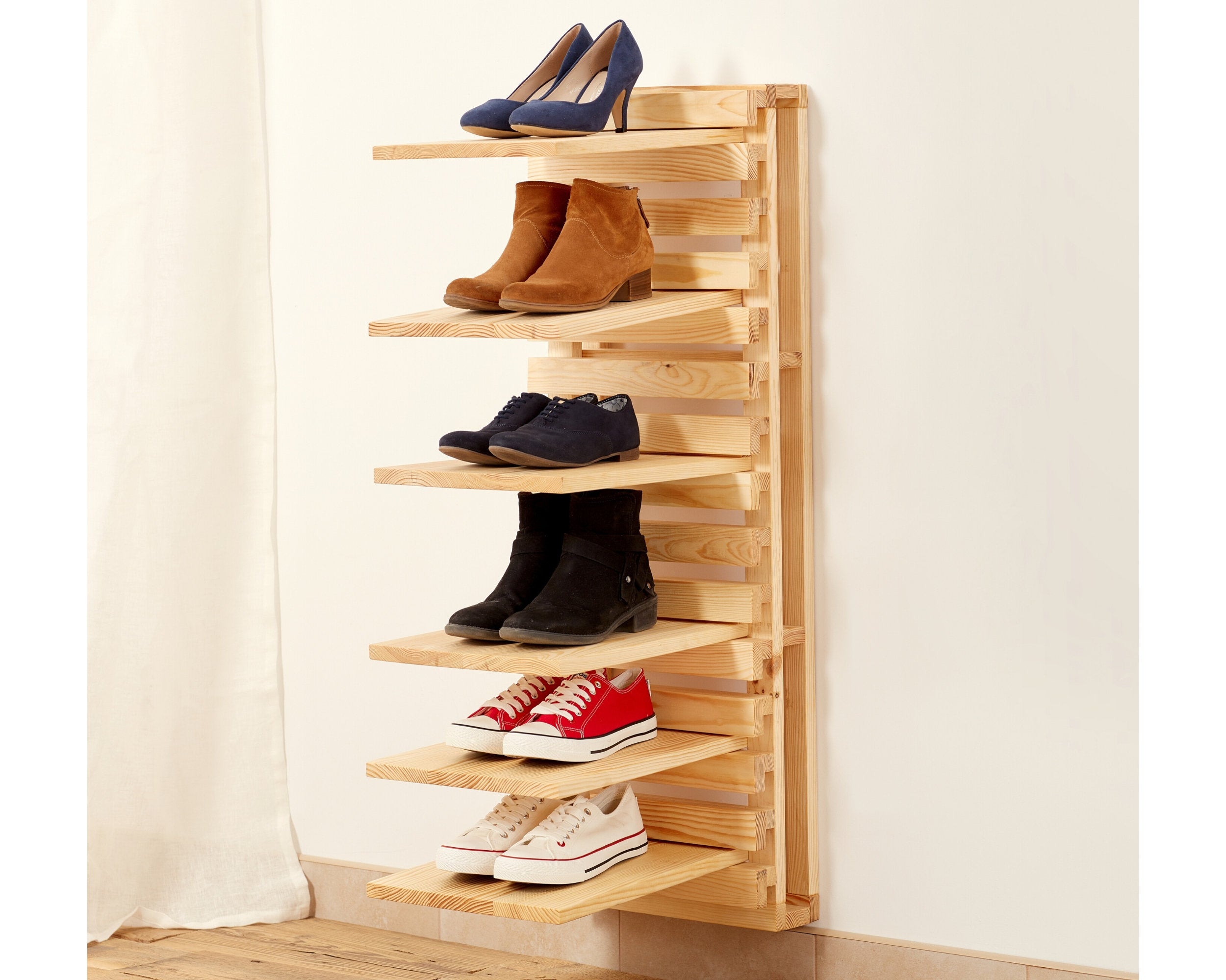 Wall Mounted Wooden Shoe Organizer Modern And Functional Shoe Shelf - Entryway Space Saving Footwear Organiser With 6 Adjustable Shelves