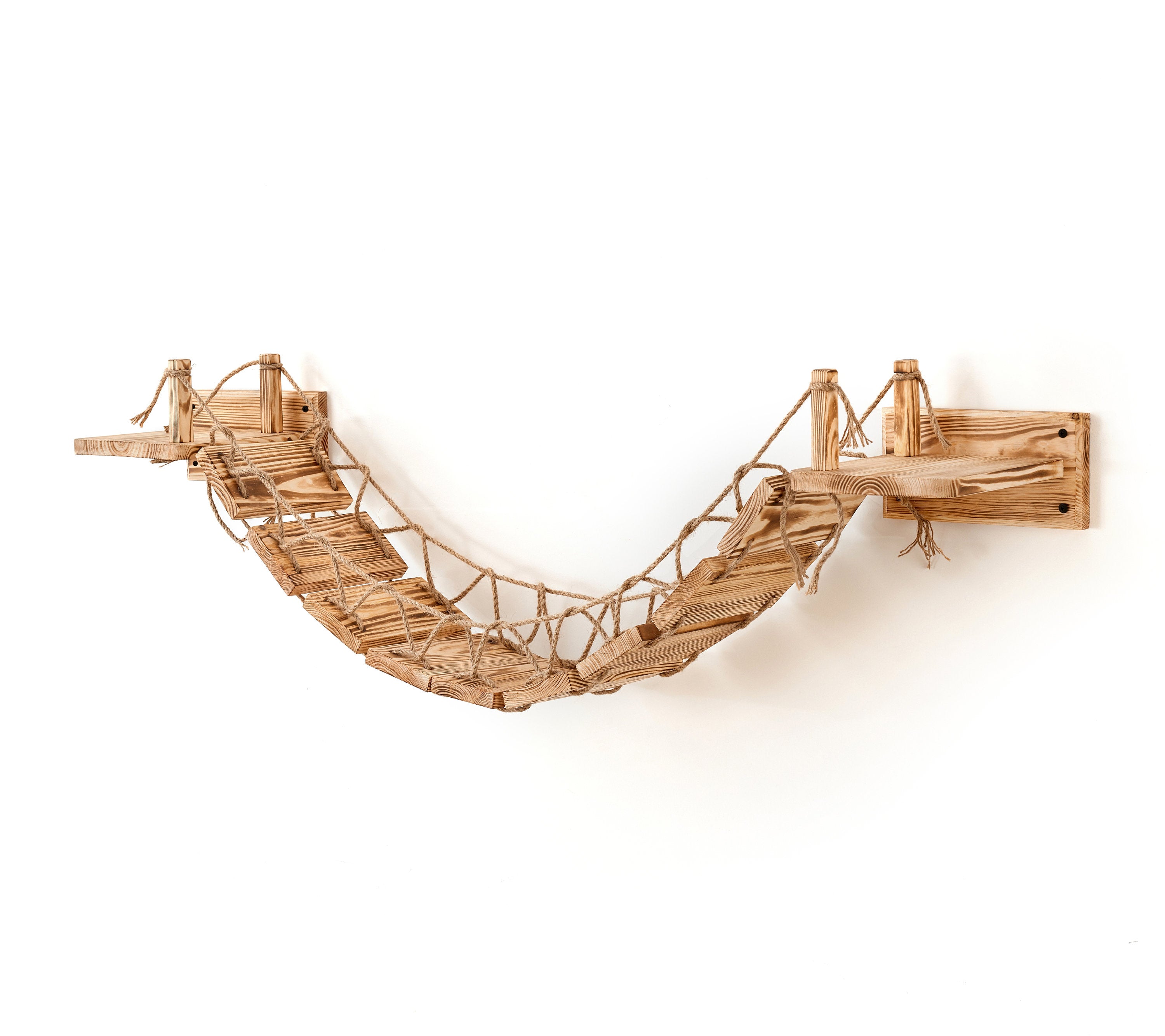 Large Wall Mounted Cat Bridge Platform With Side Ropes - Built Solid Wood And Strong Ropes - Wooden Cat Climbing Furniture