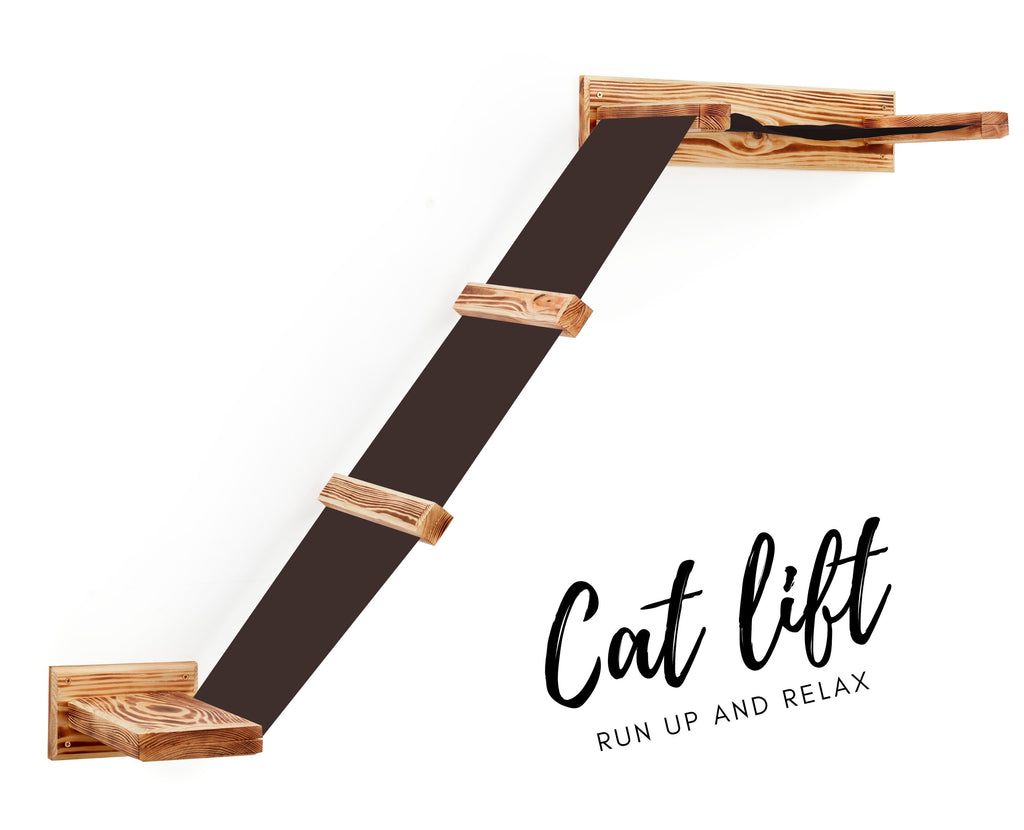 Large Wall Mounted Cat Shelf Lift Platform Bridge With Bed - Solid Wood Cat Sleeper Shelf - Wooden Cat Furniture Collection