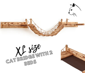 Large Wall Mounted Cat Shelf Bridge Platform With 2 Beds - Solid Wood Cat Sleeper Shelf - Wooden Cat Furniture With Dark Tone Fabric