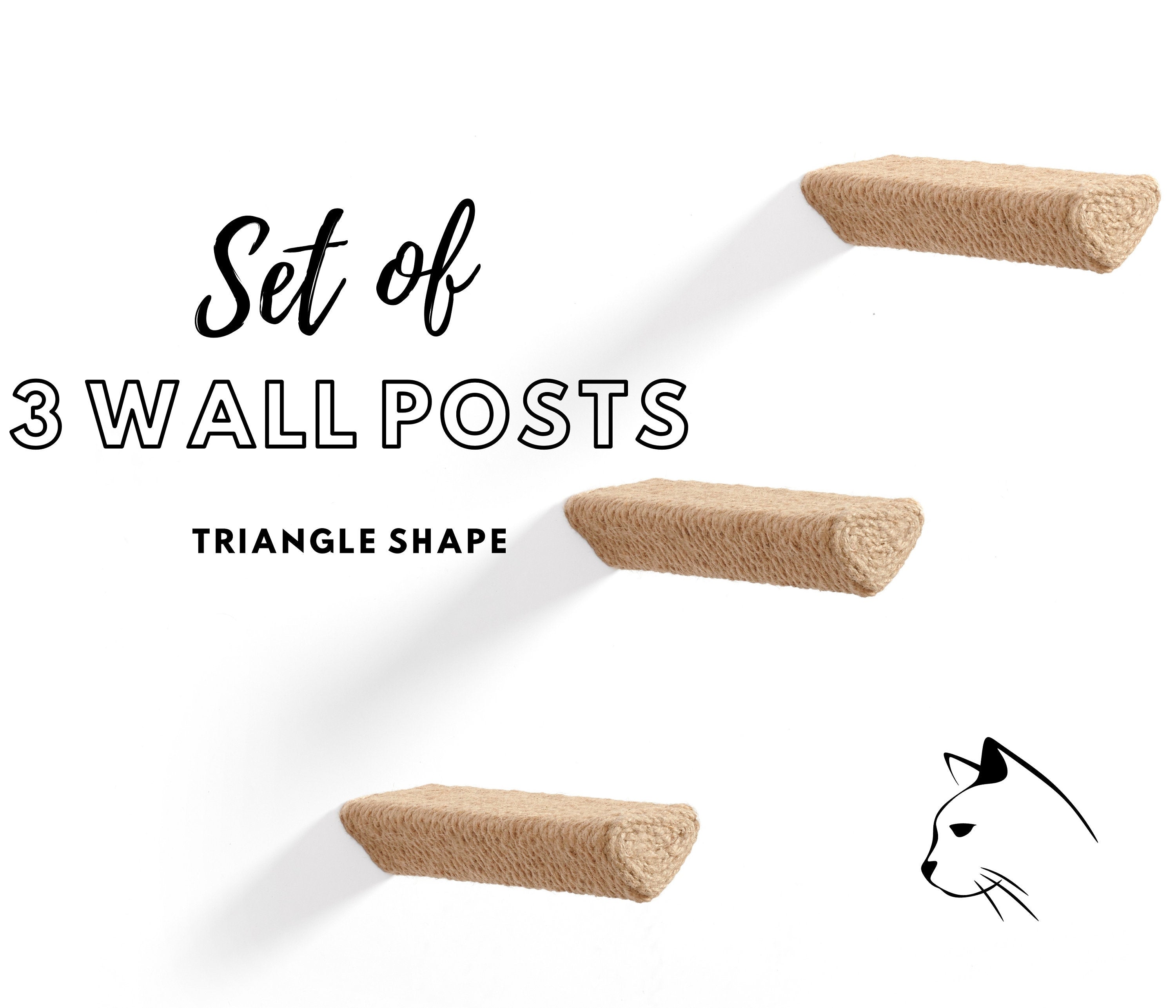 Set Of 3 Wall Mounted Seisal Rope Cat Post Steps In Triangle Shape - Durable Wood Cat Stepper Shelf - Wooden Cat Wall Furniture