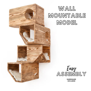 Large Modular Wall Mounted Cat Shelf Platform With 4 Bed Modules - Solid Wood Cat Sleeper Shelf - Sylish And Unique Wooden Cat House