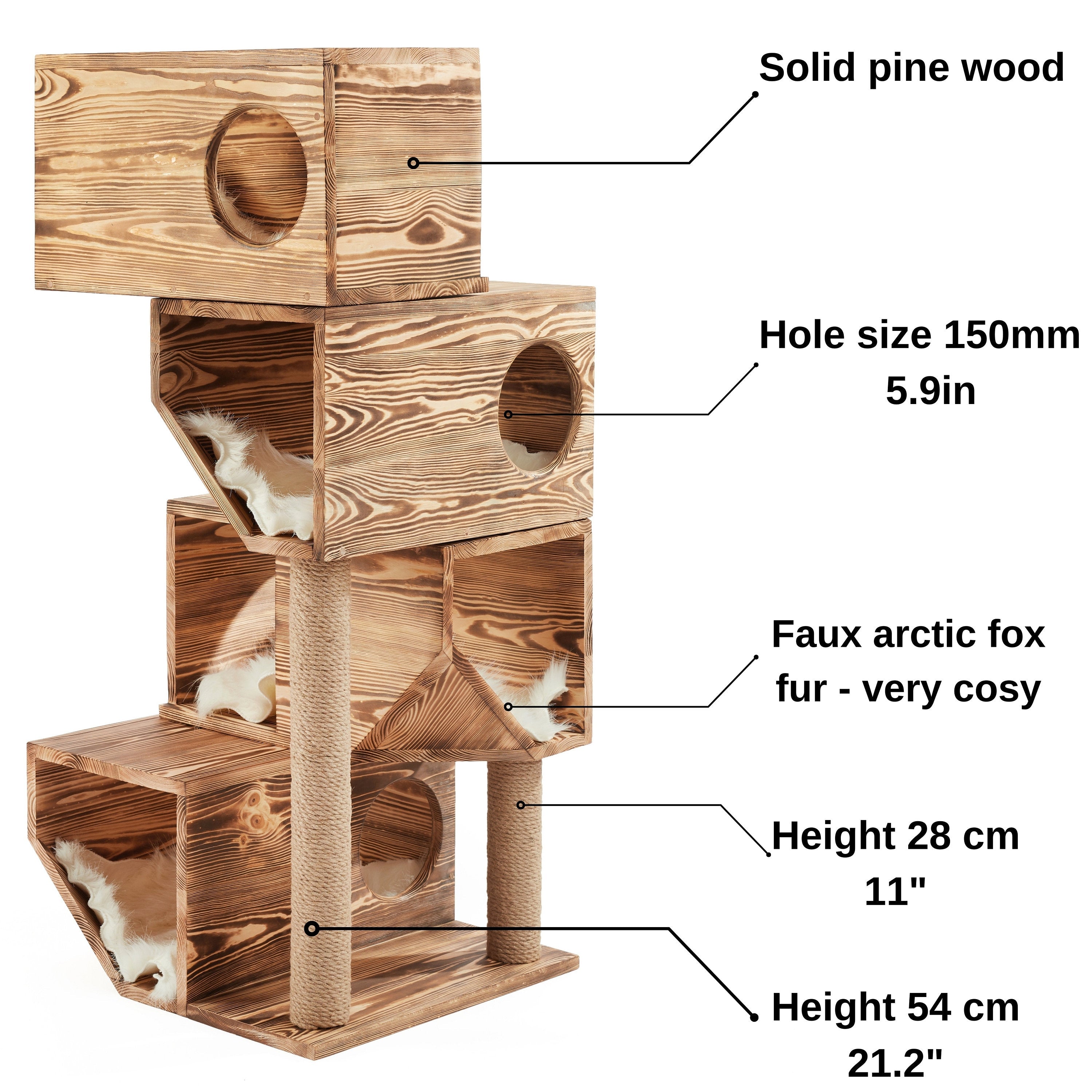 Large Modular Floor Free Standing Cat Tree Platform With 4 Bed Modules - Solid Wood Cat Sleeper - Sylish And Unique Wooden Cat House