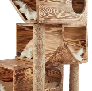 Large Modular Floor Free Standing Cat Tree Platform With 4 Bed Modules - Solid Wood Cat Sleeper - Sylish And Unique Wooden Cat House