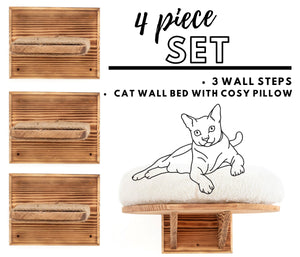Large Wall Mounted Cat Perch Bed Platform With 3 Steps - Solid Wood Cat Sleeper Shelf With Extra Soft Cushion - Wooden Cat Furniture